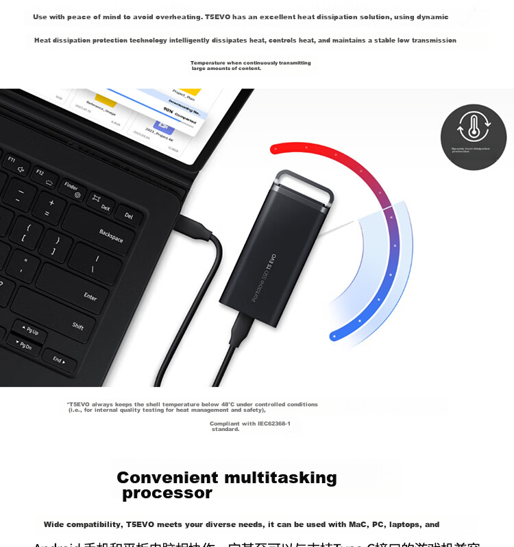 SAMSUNG 2TB Type-C USB 3.2 Portable Solid State Drive (PSSD) T5 EVO Starry Black, Direct Phone Connection, Laptop External, Large Capacity 8
