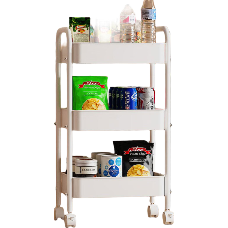 Shunyou Floor-Standing Carbon Steel Storage Rack, Mobile Kitchen Organizer Shelf, Three-Tier Mobile Cart, White, SY-139