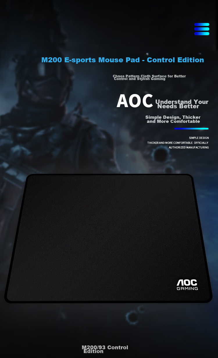 AOC Gaming Mouse Pad Medium Size 300*250*4mm Thickened with Locked Edges for Office Keyboard Computer Desk Pad Black Textured M200 Control Versio 1