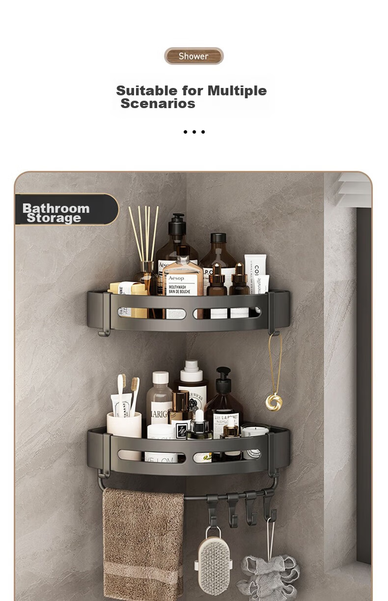 Xinpei Space Aluminum Bathroom Storage Rack, Wall-Mounted Nail-Free Triangular Basket Shelf, 6.8cm Thickened Guardrail 18