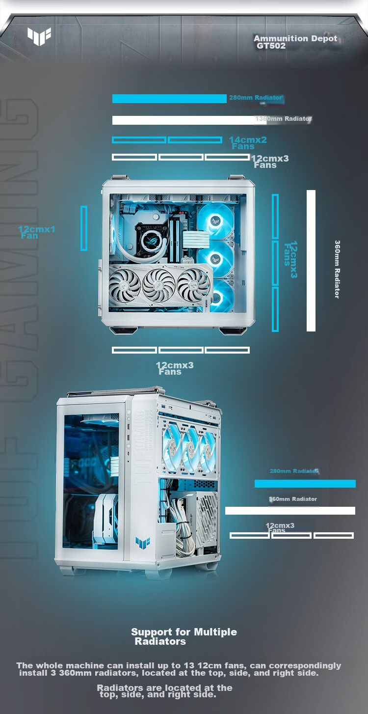 ASUS TUF GAMING GT502 White Arsenal Case, White Cables, Dual-Chamber Design, Tool-Free Disassembly, White Seaside View, Innovative Cooling, GPU Bracket 6