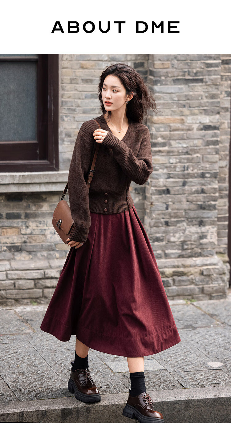 Dme [Crimson French-Style Midi Skirt], Waist-Symmetric Pleated Sharp Long Skirt, Crimson, M 1