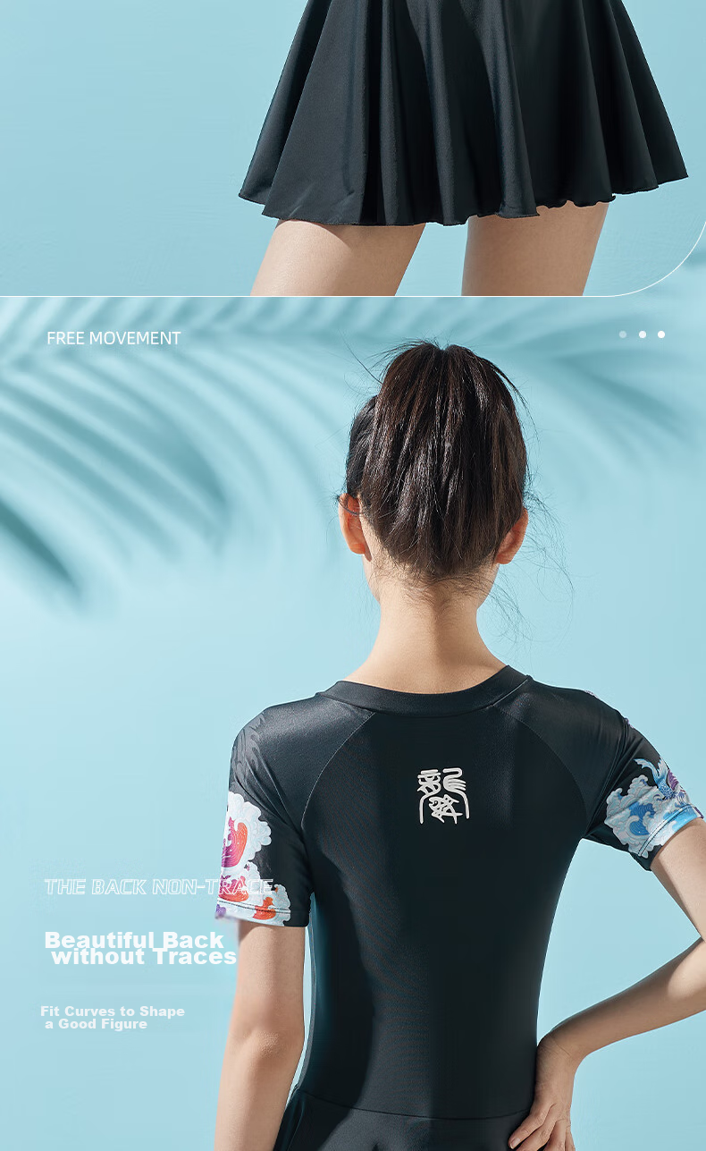 Li-Ning One-Piece Swimsuit for Women, Dress-Style Slimming Swimwear, Comfortable Breathable Hot Spring Resort Swimwear 088 Black M 10