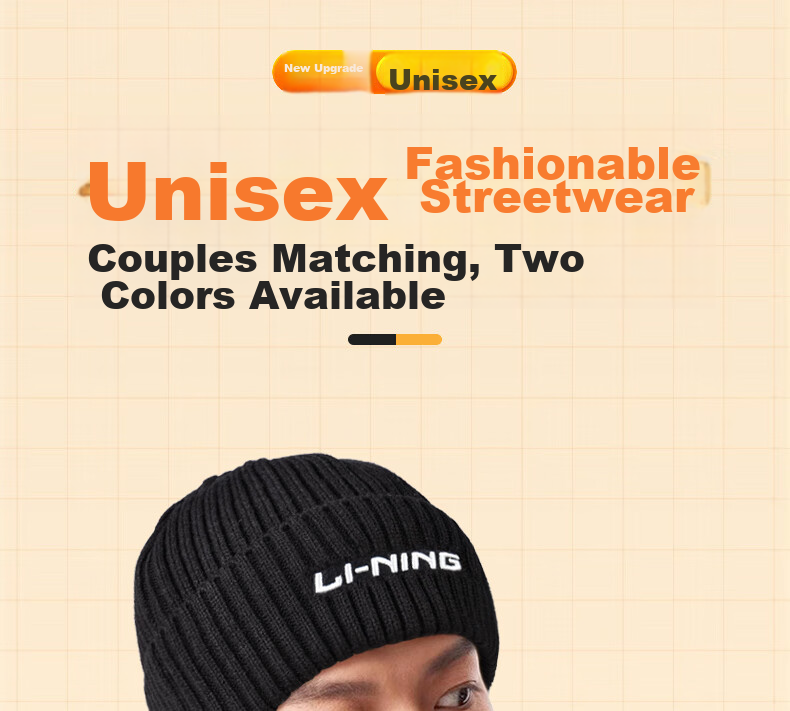 Li-Ning Hat for Men And Women, Autumn And Winter Knitted Cap, Warm Cold Hat, Sports Running Cycling Skiing Fleece-Lined Large Head Circumference Black 6
