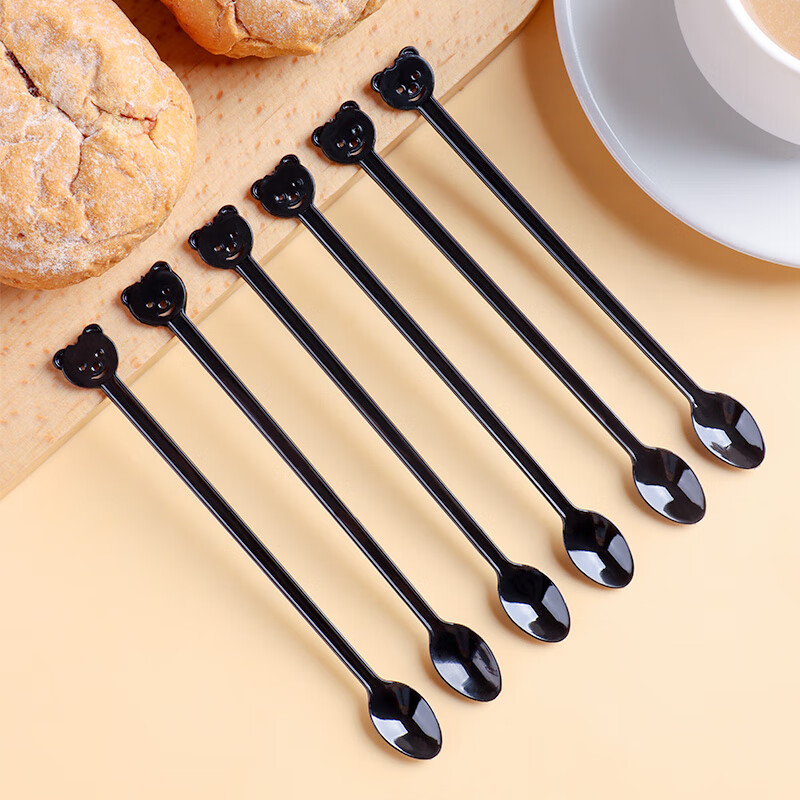 Baijie Disposable Stirring Sticks, Coffee Spoons, 200 Pieces, Black Bear Design, Honey Spoons, Long-Handled Coffee Stirrers, Coffee Mixing Sticks