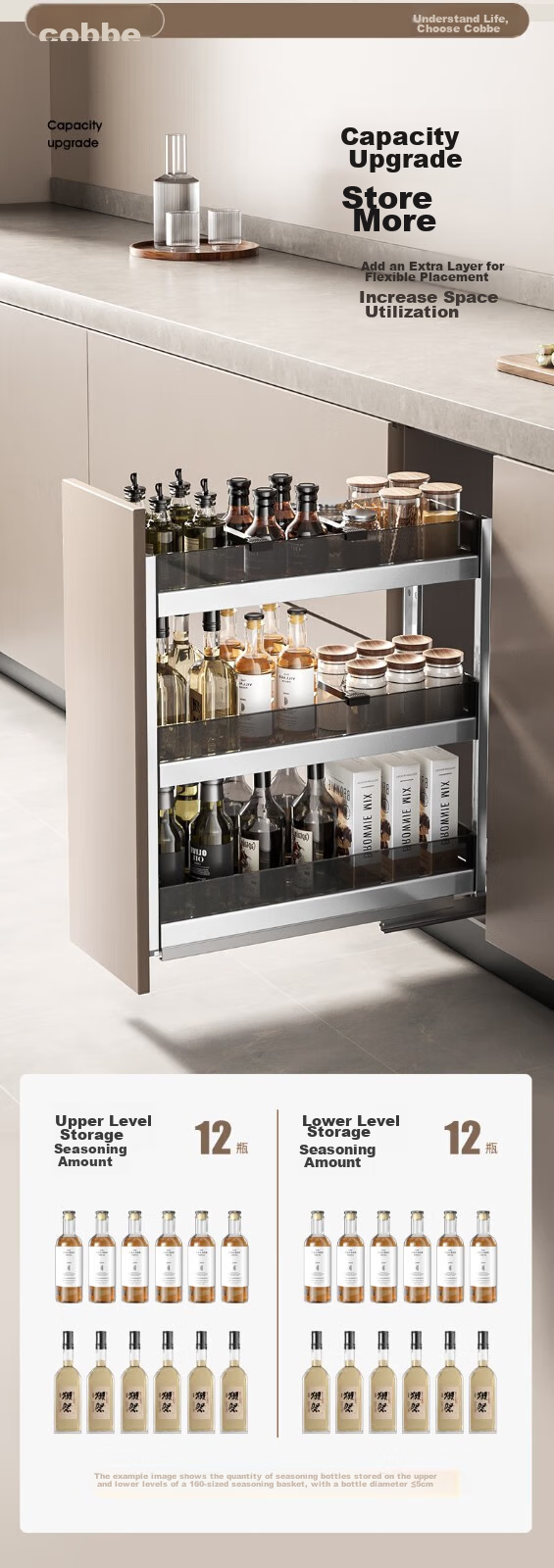 Cobbe Gunmetal Gray Kitchen Seasoning Basket Three-Tier Storage Drawer Cabinet Under-Shelf Thickened Built-in Pull-Out Spice Rack 9