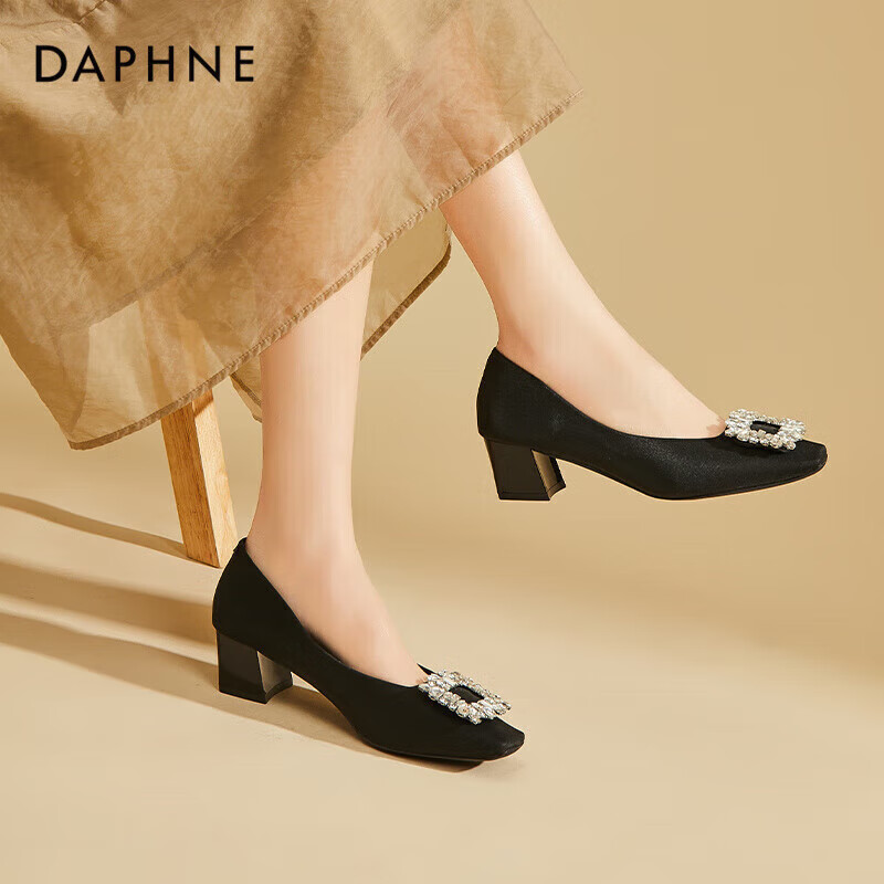 Женские туфли DAPHNE, элегантные, с квадратным носком, на толстом каблуке, украшенные стразами, для работы, черные, размер 39