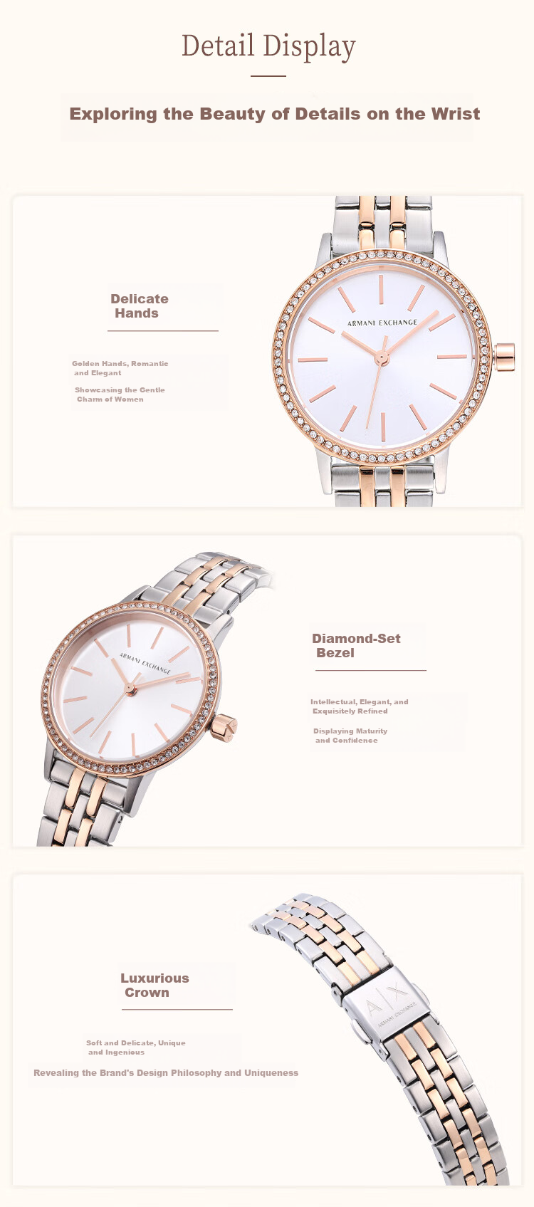ARMANI EXCHANGE Women's Steel Strap Watch with Diamond Accents, Quartz Movement, Western-Style Wristwatch, Birthday Gift for Girls, AX5542 9
