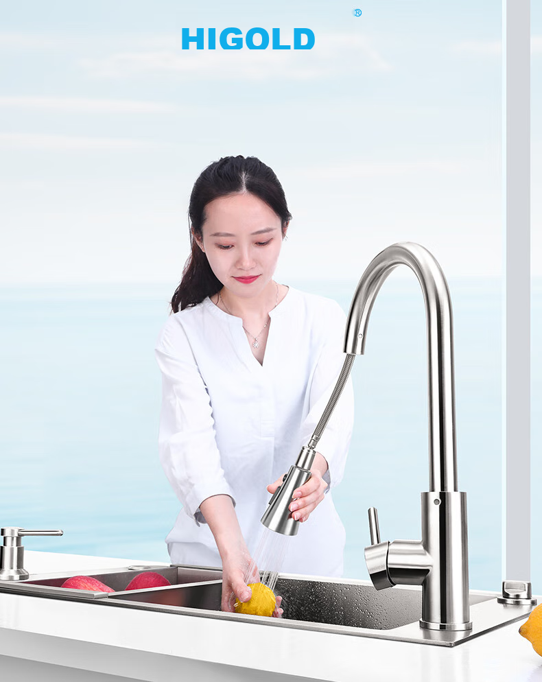 HIGOLD Kitchen Stainless Steel Pull-Out Faucet, Sink Hot And Cold Faucet with Automatic Retraction, Classic Brushed Finish 15