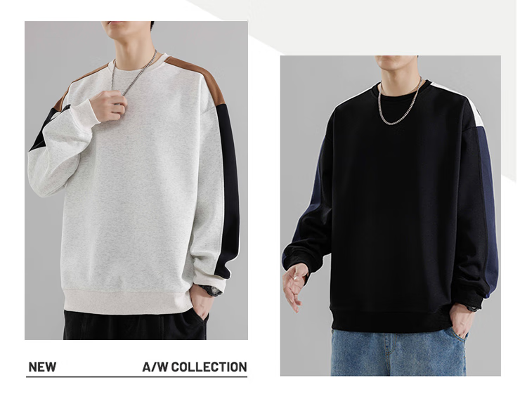 Foss Phil Crew Neck Sweatshirt for Men, Spring And Autumn Loose Casual Patchwork Color-Block Trendy T-Shirt Top 8883 Black M 2