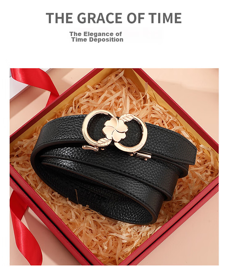 CROCODILE Top-Grain Leather Fashion Belt for Women, Automatic Buckle, Exquisite And Simple Waist Belt T3707 Black Gift Box Set 2