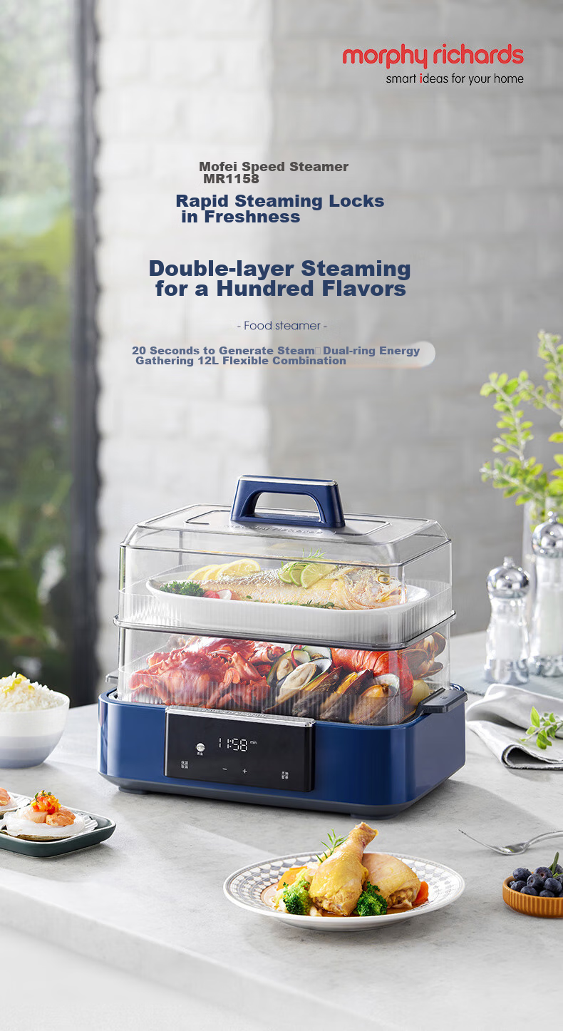 Morphyrichards Electric Steamer Pot for Home Use, Suitable for 3-4 People, All-In Large Capacity Stainless Steel Steaming Rack, Programmable Rapid Steaming Pot, Steaming And Stewing Pot, Egg Steamer, Corn Steamer, Breakfast Machine MR1158 Blue 1