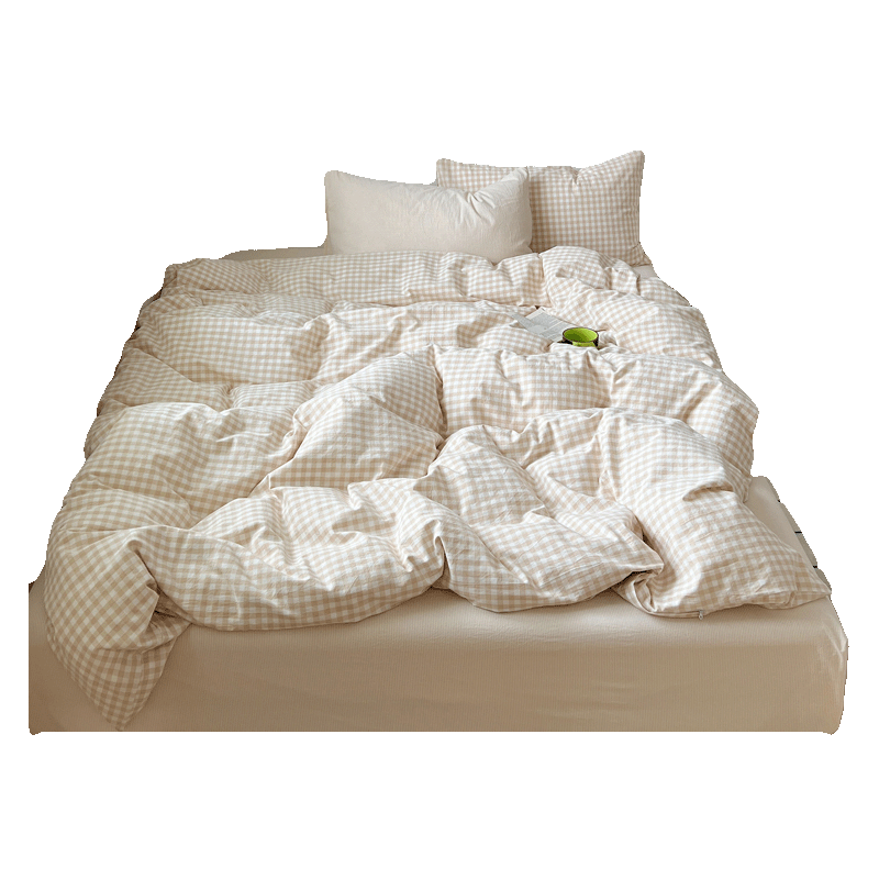 Grace Class 7A Antibacterial Pure Cotton Bedding Set for Single Dormitory Bed, Includes Bed Sheet And Duvet Cover, 1.2m Bed, Milk Tea Small Brown Check Patter