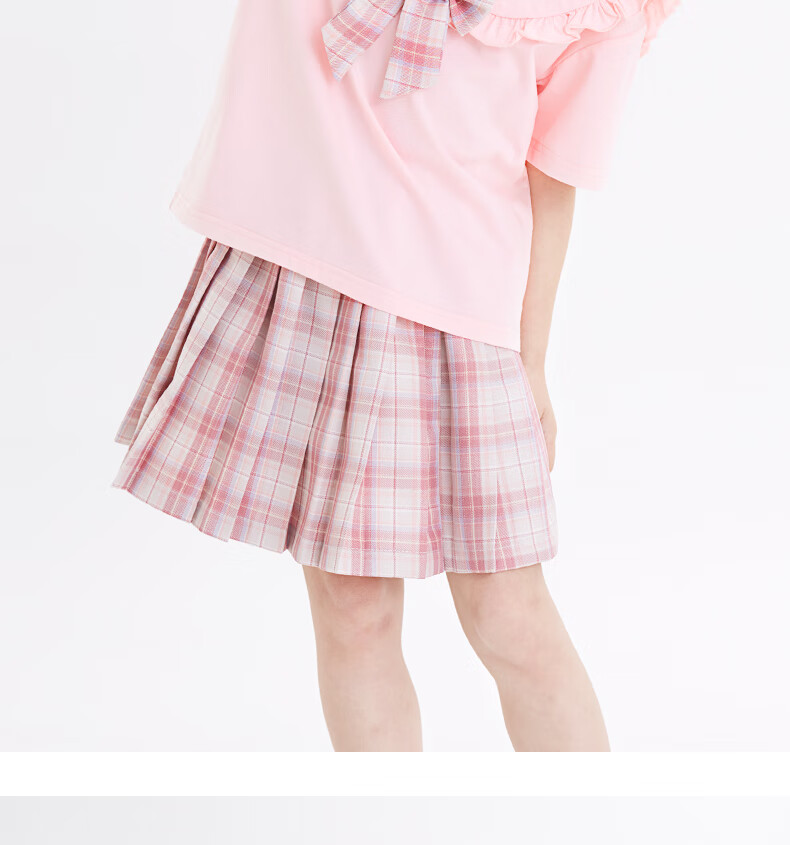 Duomiaowu Girls' JK Set, Children's T-Shirt Summer Outfit, Skirt for Older Kids, Preppy Style Two-Piece Set, Thin, 66325 Pink, Size 160 14