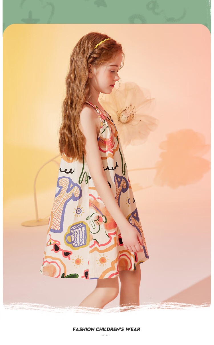 ASK JUNIOR Girls' Summer Dress, Children's Graffiti Spaghetti Strap Princess Dress, Beach Vacation Style 8