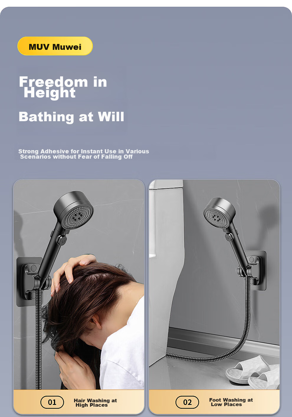Muvi Shower Head Holder, No Drilling Required, Shower Hose Base, Bathroom Wall-Mounted Handheld Shower Head Bracket 9