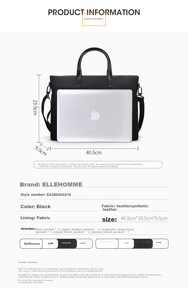 ELLE HOMME Business Men's Briefcase, Fashionable Canvas Crossbody Handbag, Casual 14-Inch Laptop Bag 02210 Black 8