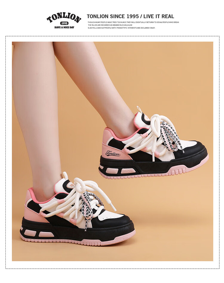 TonLion Women's Shoes, Spring And Summer 2026 Thick-Soled Sneakers, Ladies Casual Shoes, Versatile Sports Dad Shoes, White Black Pink, Size 37 1