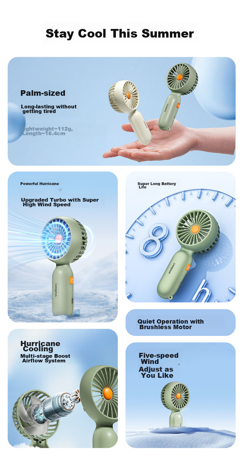 CangHua Handheld Mini Fan, Powerful Long-Lasting Battery Portable Rechargeable Fan, Quiet Compact Personal Fan for Students Children Babies Outdoor Electric Handheld Fan, Gree 4