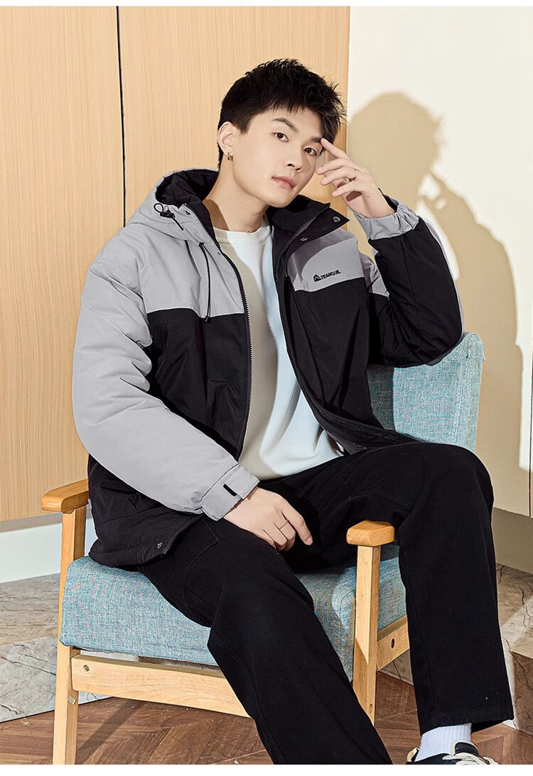 TonLion 2024 Men's Workwear Letter Embroidery Patchwork Hooded Cotton Jacket, Gray Lake Green, L 13