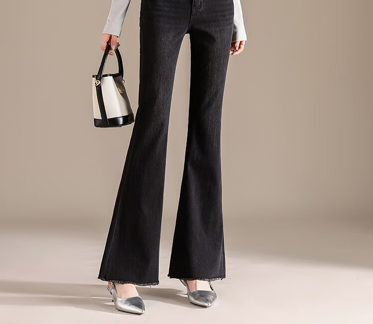 RAIN.CUN Vintage Black And Gray Micro-Flare Jeans, 2024 New Autumn And Winter High-Waisted Slimming Elastic Herringbone Flared Pants 2