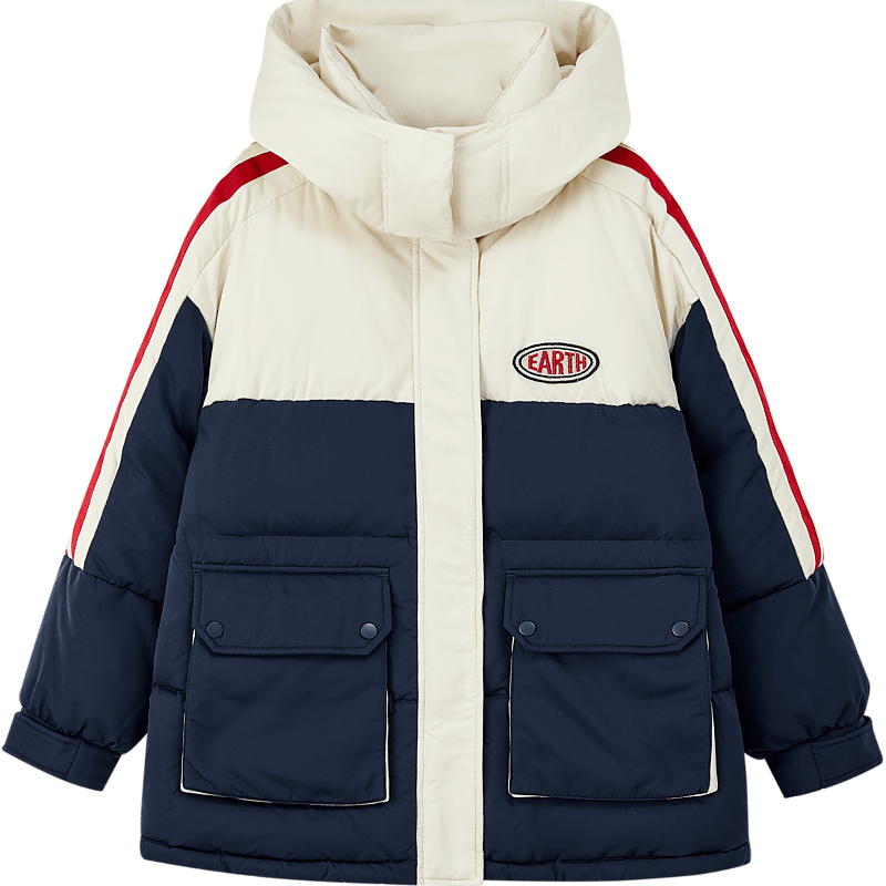 Dme [Xueji Lian Dong] Winter Warmth, 90% Duck Down, Hooded Windproof Stand Collar, Contrasting Color Letter down Jacket, Women's Coat