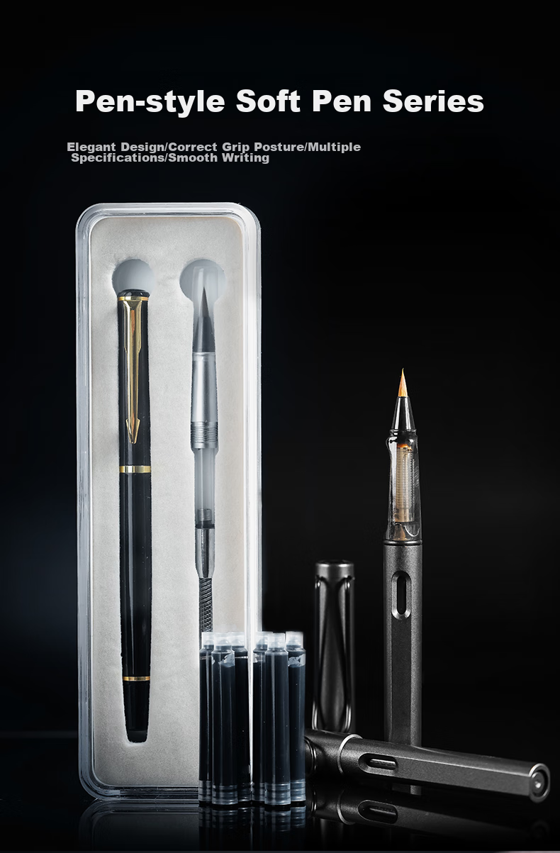 Rongbaozhai Calligraphy Brush Pen, Small Regular Script Refillable Soft Brush for Calligraphy Practice And Sutra Copying, Beginner's Entry-Level Soft-Tipped Wolf Hair Brush for Adults And Students, Black Gold (Includes 60 Ink Cartridges) 1