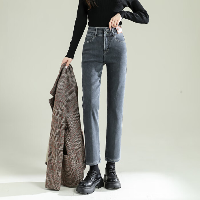 PinCai Autumn Winter Fleece-Lined High-Waist Slim Fit Skinny Jeans for Women Stretch Warm Pants P139N3231