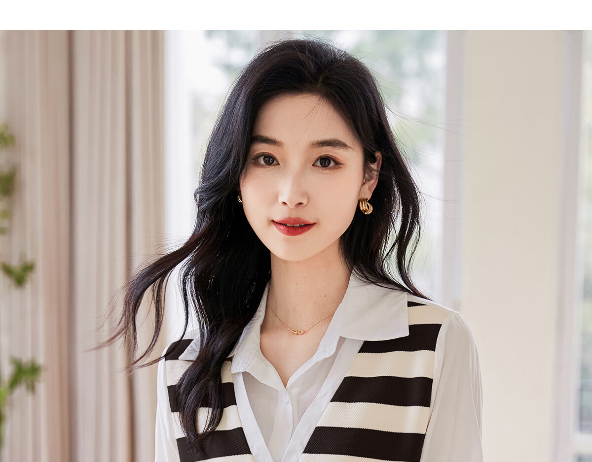 Chushen Thin Long-Sleeve Blouse for Women, Stylish Faux Two-Piece Striped Casual Shirt Top S13QC2942 16