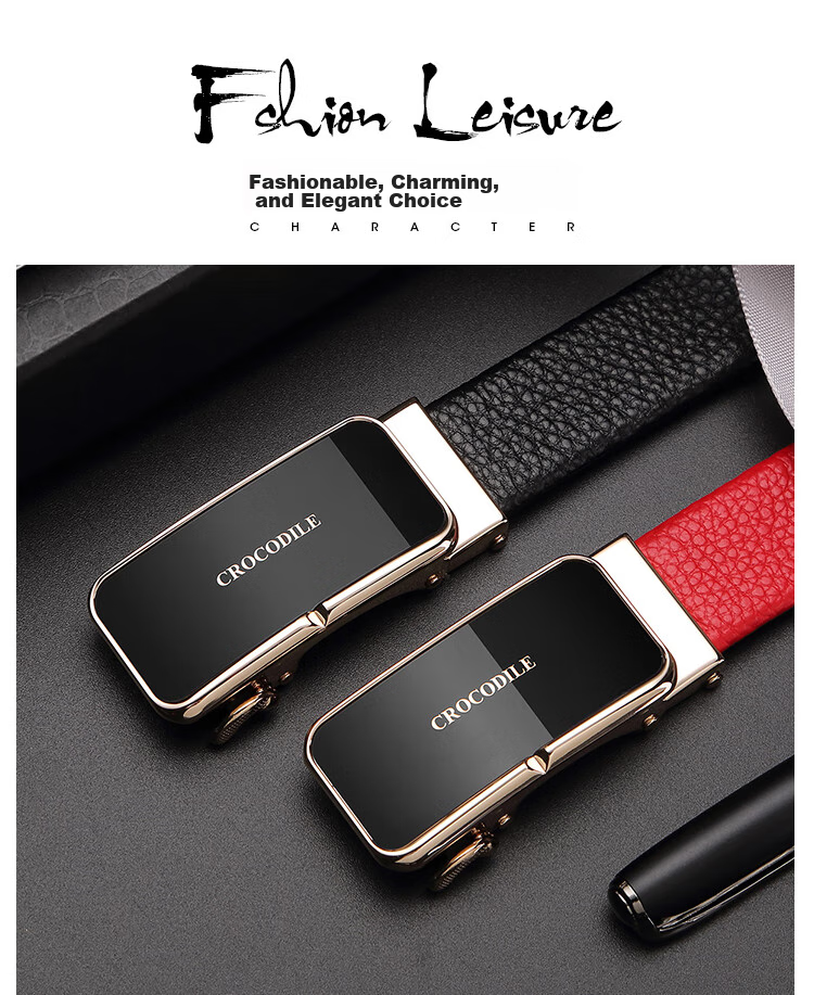 CROCODILE Top-Grain Leather Women's Automatic Buckle Belt, Business Belt, Birthday Gift for Girlfriend, T1561 Black 1
