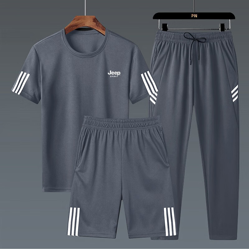 JEEP SPIRIT Men's Summer Short-Sleeve T-Shirt Set, Three-Piece Outdoor Sports Versatile Outfit, White Three-Piece Set, 2XL 25