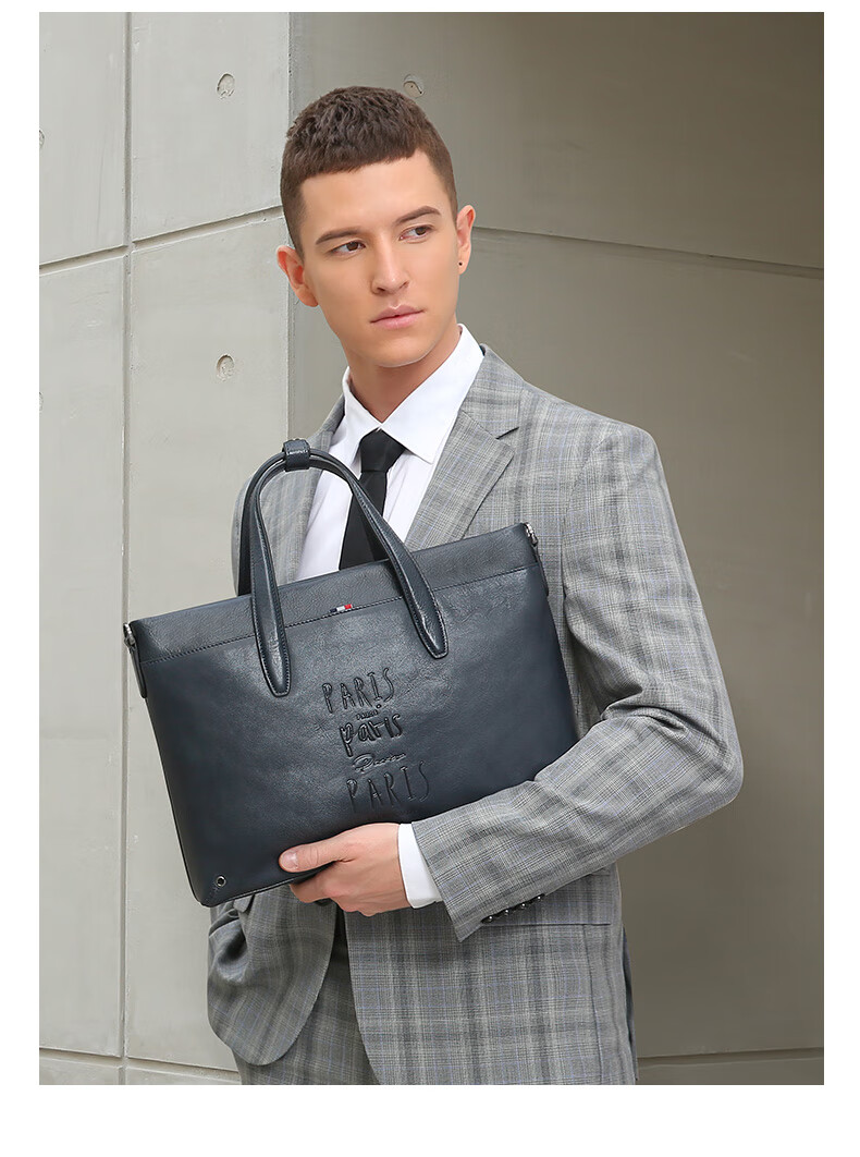 ELLE HOMME Men's Business Briefcase, Trendy Multifunctional Top-Grain Leather Handbag, Casual Horizontal Style Shoulder Crossbody Bag EA988201710 Black 3