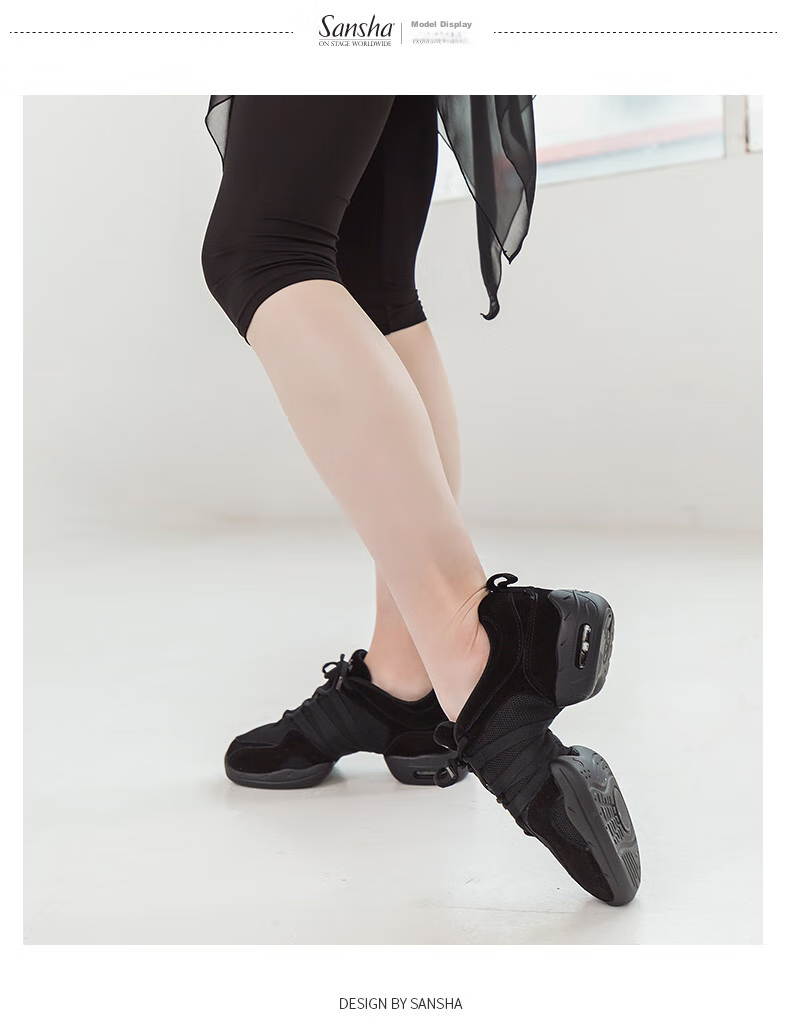 Sansha Spliced Modern Dance Shoes, Mesh Sports Dance Shoes, Air Cushion Soft Sole, Women's Square Dance Shoes, P22LS Black, Size 37 3