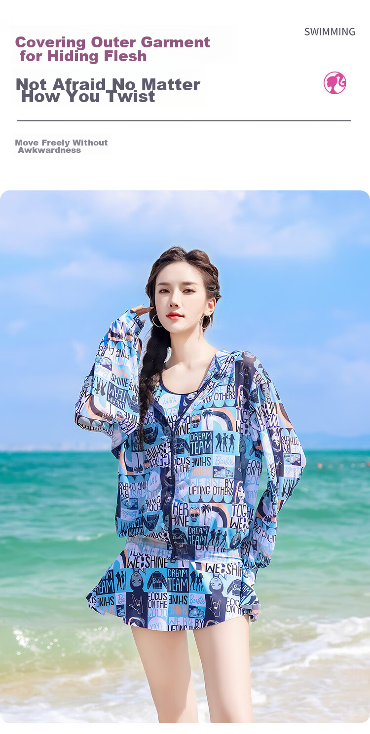 Barbie Women's Three-Piece Swimsuit Set: Conservative Fashion Printed Boyshorts, Tummy Control, Slimming, Small Chest, Beach Vacation Swimwear 7