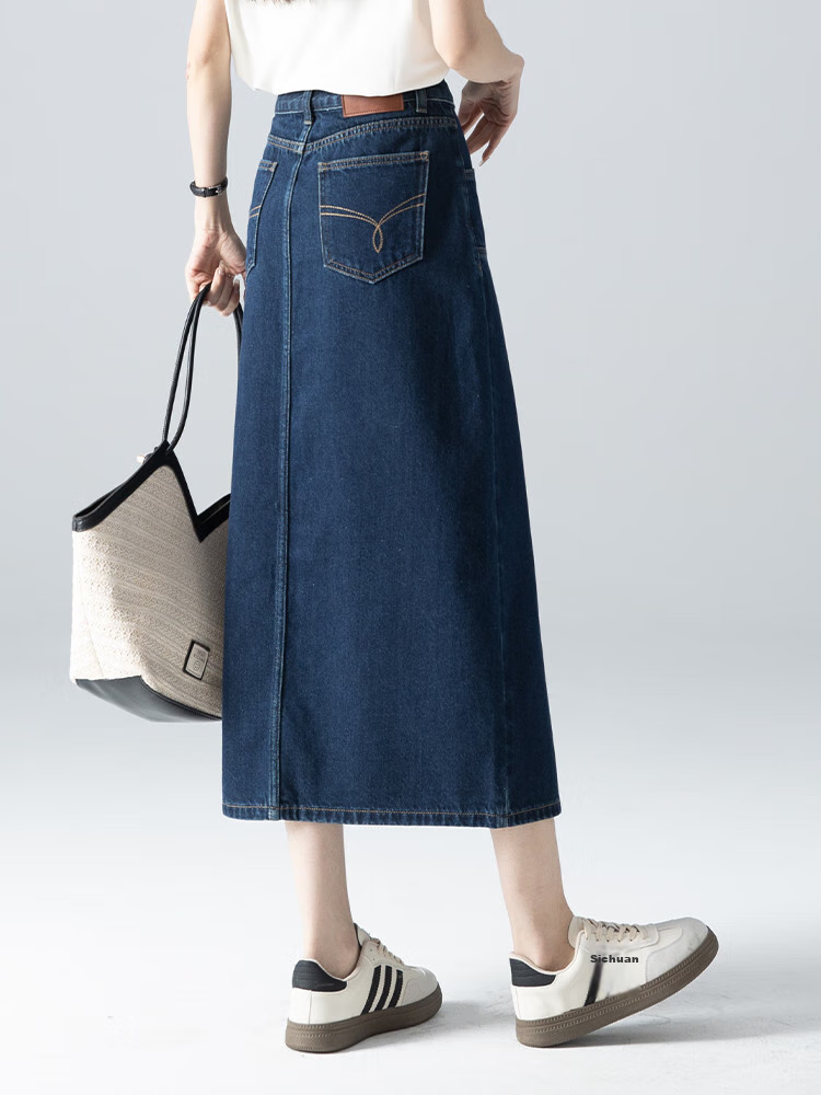 Dme New High-Waisted Retro Straight Loose A-Line Mid-Length Denim Skirt for Women, Dark Blue, Size 29 24