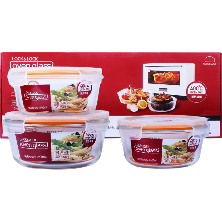 LOCK&LOCK Heat-Resistant Glass Food Storage Containers, Microwave-Safe Lunch Boxes for Office Workers And Students, Bento Boxes, Fruit And Meal Preservation Bowls, Three-Piece Set