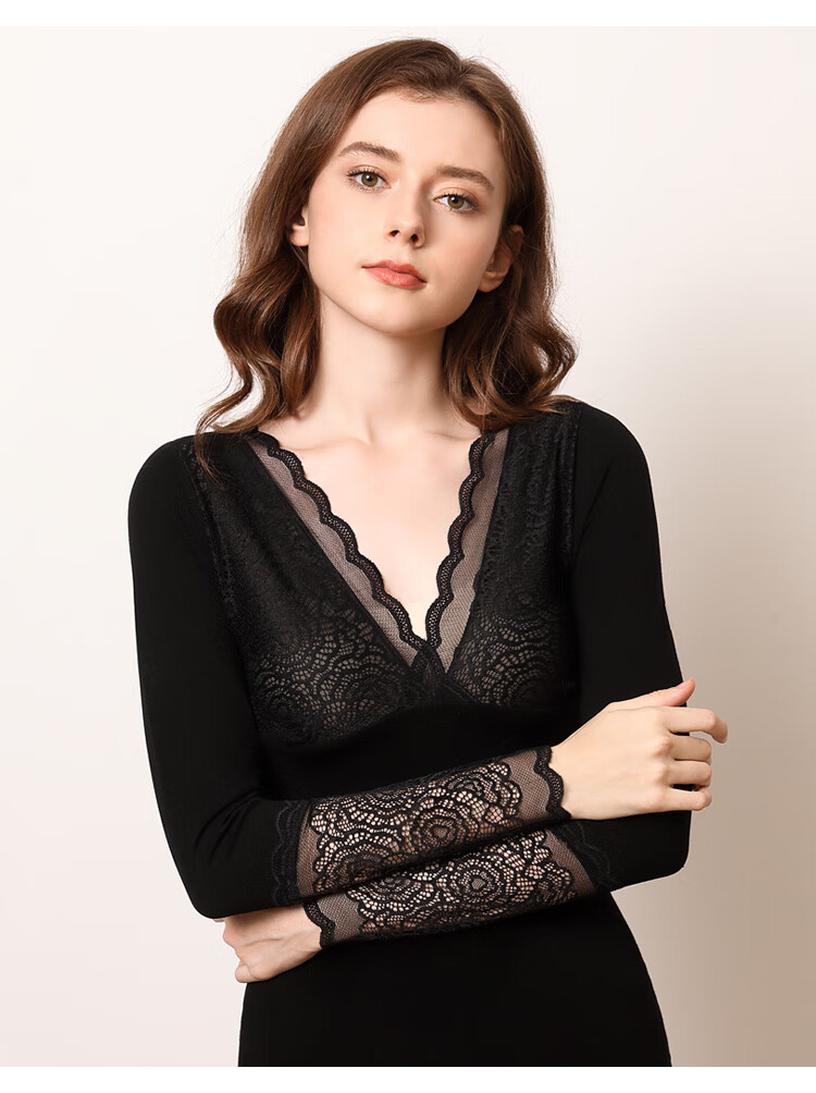Hongdou Women's Sexy Lace Deep V Neck Slim Fit Body Shaping Thermal Base Shirt Elastic Waist Control Autumn Top 9310 Black One Size 1