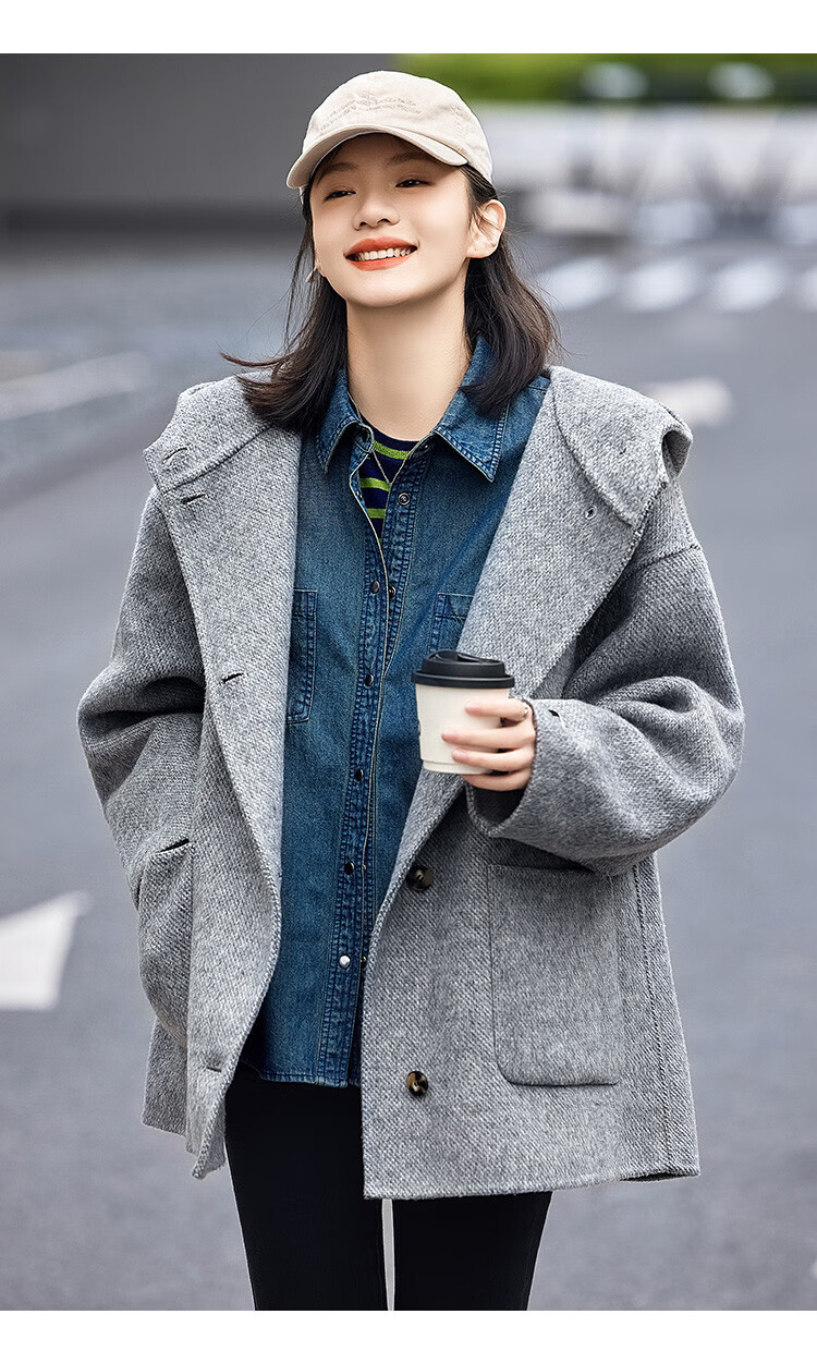 Demana Gray Series Hooded Woolen Coat Winter Loose Long Double-Sided Wool Coat Women Gray L 4