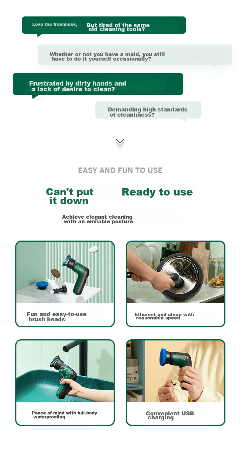BOSCH Electric Cleaning Brush Waterproof for Glass Tiles Mirror Kitchen Multi-Functional Powerful Cleaning Motor IPX 5 Water Resistant 2