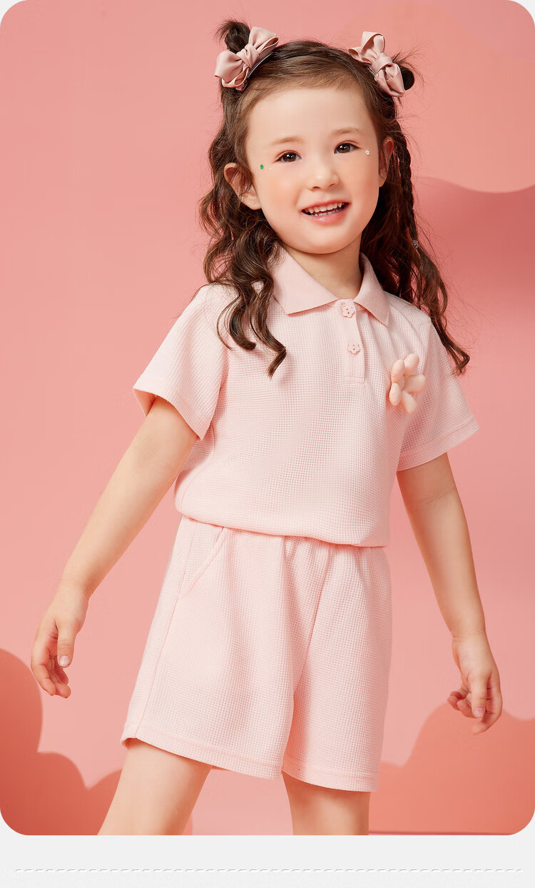 ASK JUNIOR Girls' Summer Thin Set, Toddler Waffle POLO Shirt And Shorts, Sports Running Two-Piece Set, Pink, Size 90 9