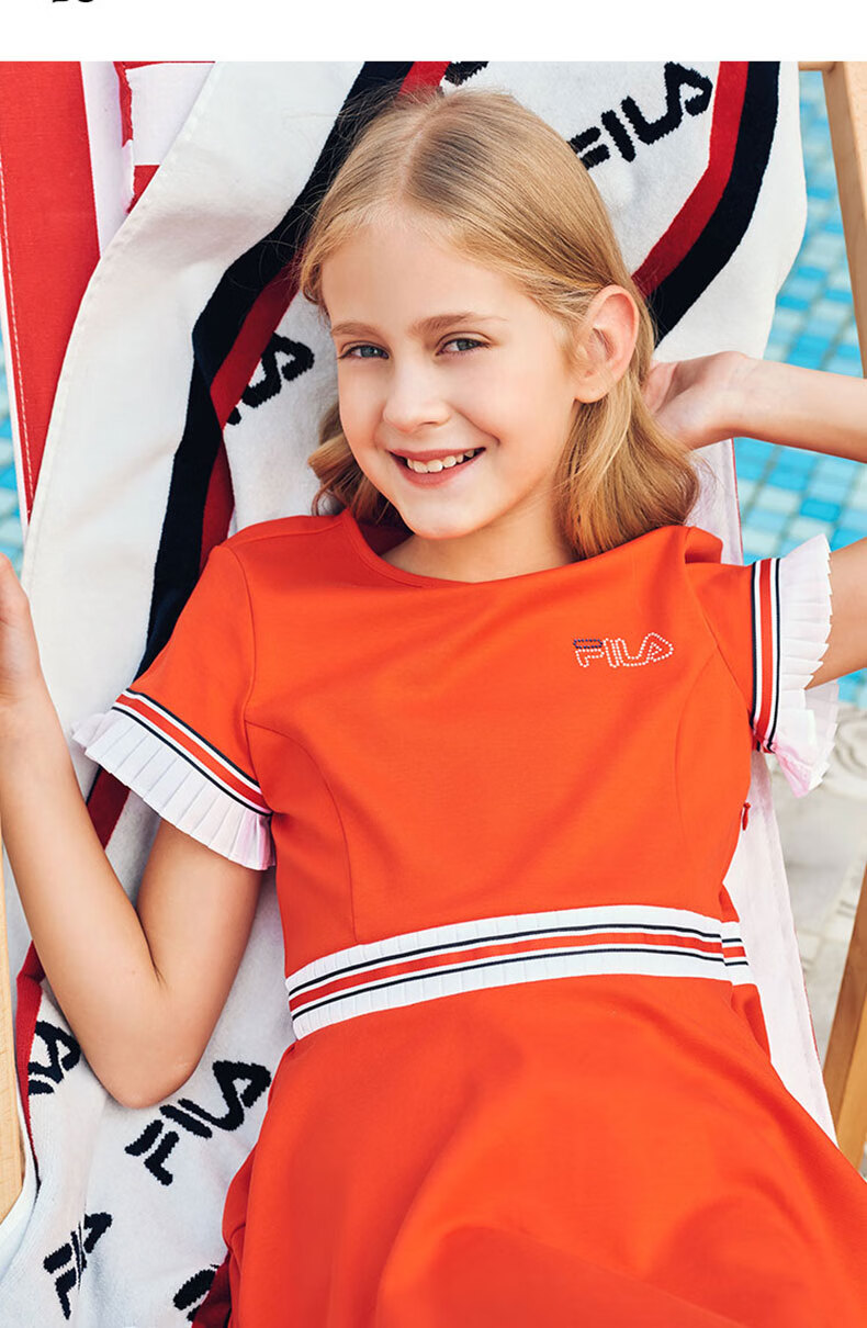 fila斐乐童装女童短袖连衣裙2021春夏季款儿童洋气圆领半身裙子传奇蓝