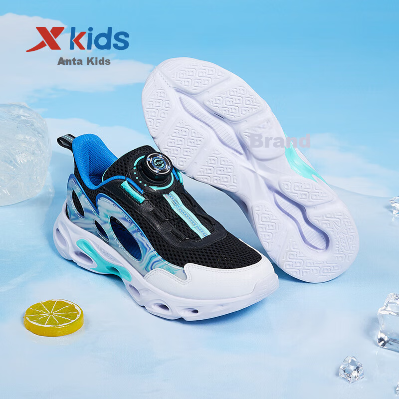 XTEP Children's Shoes, Boys' Cage Shoes, Breathable Rotating Buckle Running Shoes, Black/New White/Prussian Blue, Size 33