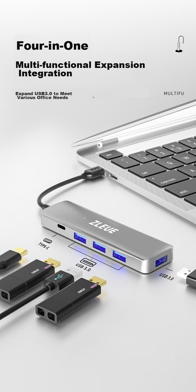 ZLEUE USB Hub 2.0, 4-Port Hub Expander, Laptop And Desktop Computer Splitter, Multi-Port Adapter, Extension Cable with Power Port, 0.2 Meters, E8001C 1
