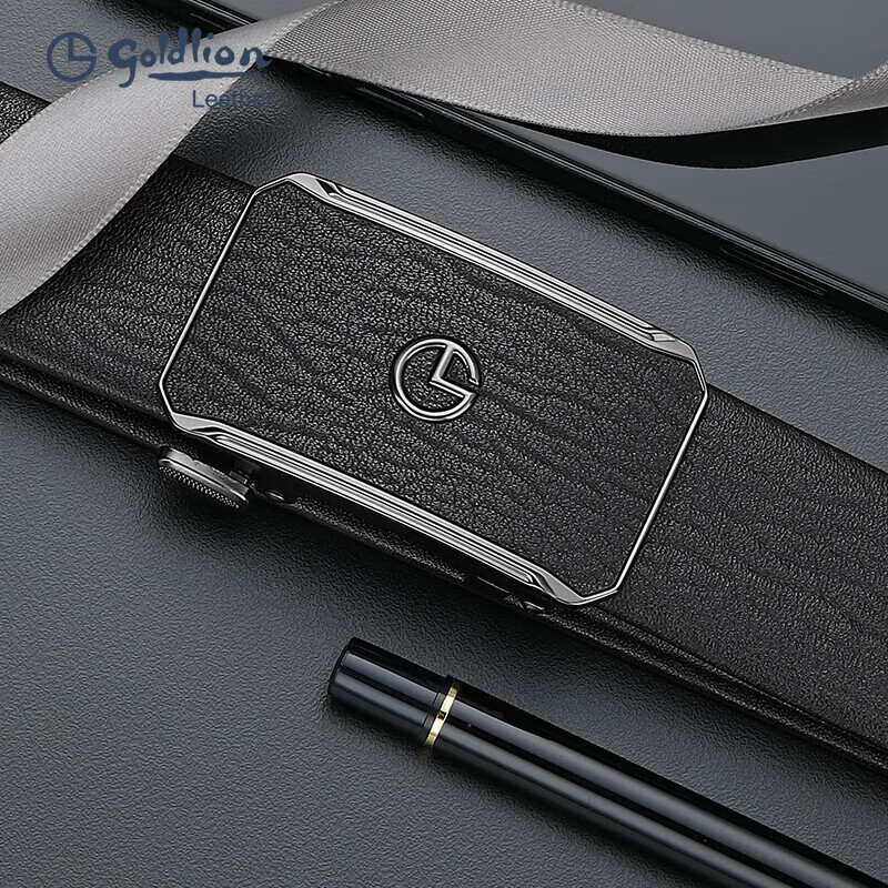 Goldlion Men's Belt, Top-Grain Leather, Automatic Buckle, Fashionable Business Trouser Belt, Gift Box, Birthday Present