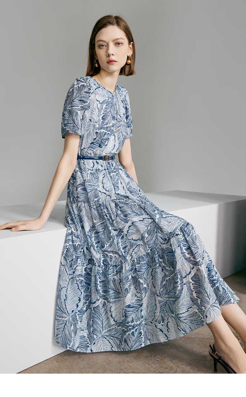 Yanyu Printed Short Sleeve Dress Women's 2026 Summer Retro Commuter Mid-Length Round Neck Dress Blue Floral S 14