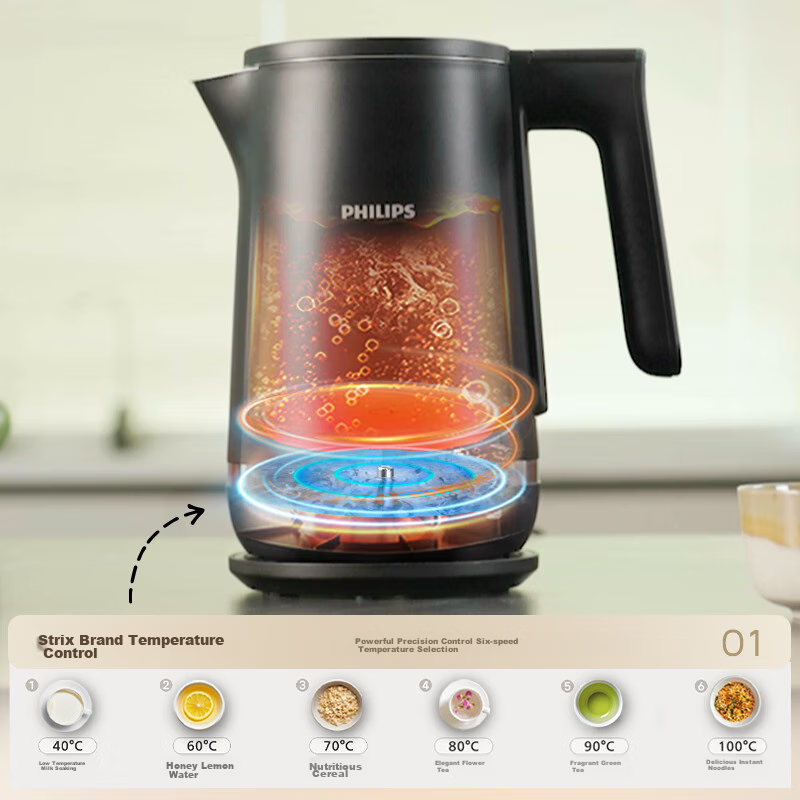 PHILIPS Electric Kettle, Precise Temperature Control Water Boiler, Food-Grade 304 Stainless Steel, 1.7L Household High-Power Double-Layer Temperature Control, Anti-Scalding And Anti-Dry Burning Protection, HD9396 Gift
