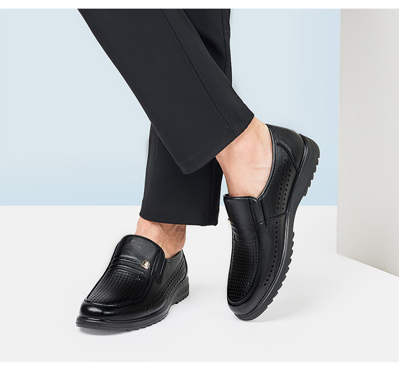 LAORENTOU Men's Leather Shoes, Business Casual Shoes, Top-Grain Leather Slip-Ons with Buckle Decoration, Wear-Resistant Breathable Sandals, Hollow Breathable Shoes, Perforated Shoes LL13203 Black Size 38 10
