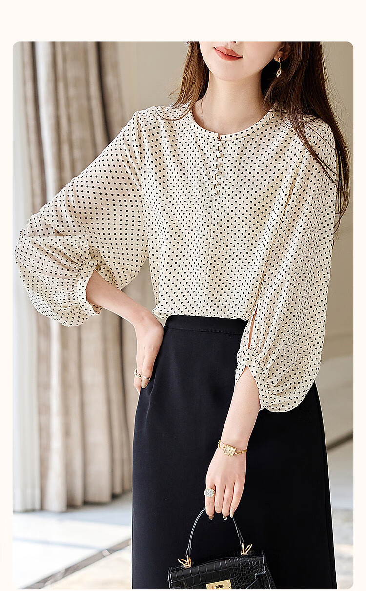 Dme [Shanmawei Yun] Spring And Autumn French Vintage Polka Dot Shirt, Comfortable Double Pleated Concealing Lantern Sleeve Blouse, Women's Clothing 3