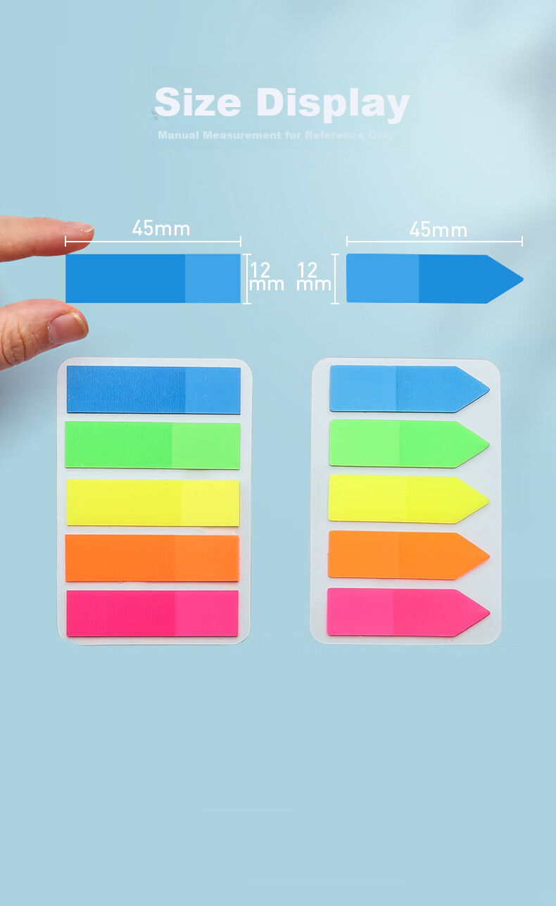 Jinzhi 600 Sheets Arrow-Shaped 5-Color Fluorescent Film Sticky Notes, Memo Pads, Labels, Transparent Waterproof Colored Note Index Strips, Indicator Labels, Bookmarks, 45*12mm 9