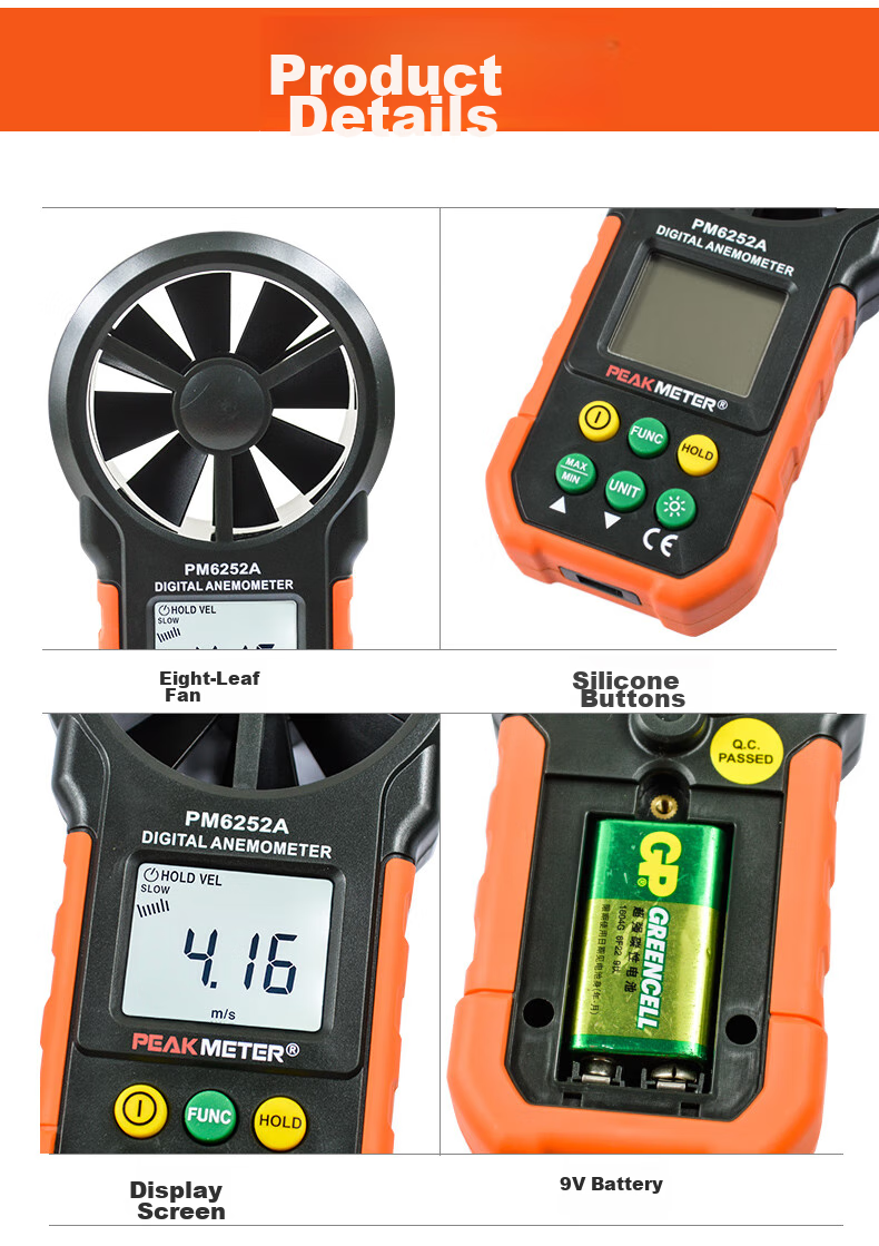 PEAKMETER PM6252B Handheld High-Precision Anemometer with Digital Display for Air Flow Measurement, Temperature And Humidity Testing, And Wind Speed Meter 15